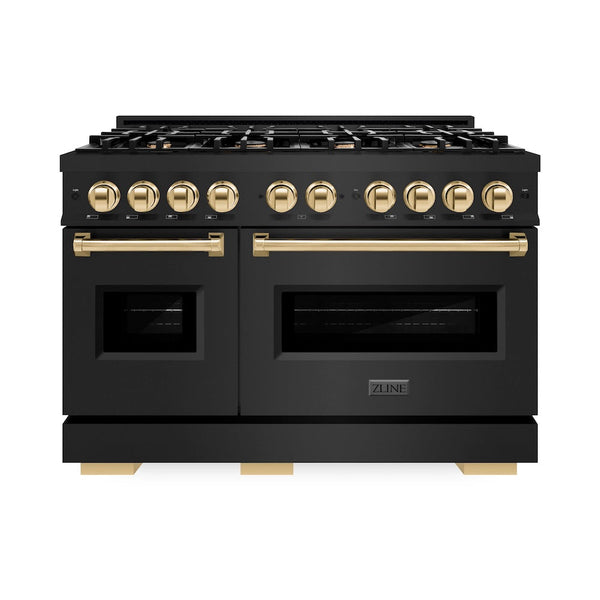 ZLINE Autograph Edition 48 in. 6.7 cu. ft. Classic Double Oven Dual Fuel Range with 8 Burner Gas Cooktop in Black Stainless Steel and Polished Gold Accents, Open Box-Good Condition