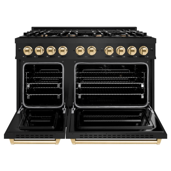 ZLINE Autograph Edition 48 in. 6.7 cu. ft. Classic Double Oven Dual Fuel Range with 8 Burner Gas Cooktop in Black Stainless Steel and Polished Gold Accents, Open Box-Good Condition