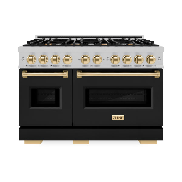ZLINE Autograph Edition 48 in. 6.7 cu. ft. Classic Double Oven Gas Range with 8 Burner Cooktop in Satin Stainless Steel with Black Matte Doors and Polished Gold Accents (CGRSZ-BLM-48-G)