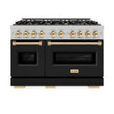 ZLINE Autograph Edition 48 in. 6.7 cu. ft. Classic Double Oven Gas Range with 8 Burner Cooktop in Satin Stainless Steel with Black Matte Doors and Polished Gold Accents (CGRSZ-BLM-48-G)