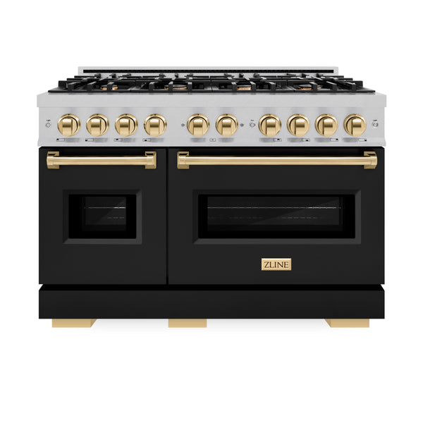 ZLINE Autograph Edition 48 in. 6.7 cu. ft. Classic Double Oven Gas Range with 8 Burner Cooktop in Satin Stainless Steel with Black Matte Doors and Polished Gold Accents (CGRSZ-BLM-48-G)