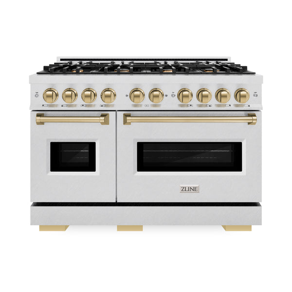 ZLINE Autograph Edition 48 in. 6.7 cu. ft. Classic Double Oven Dual Fuel Range with 8 Burner Gas Cooktop in DuraSnow® Stainless Steel and Champagne Bronze Accents (CDRSZ-48-CB)