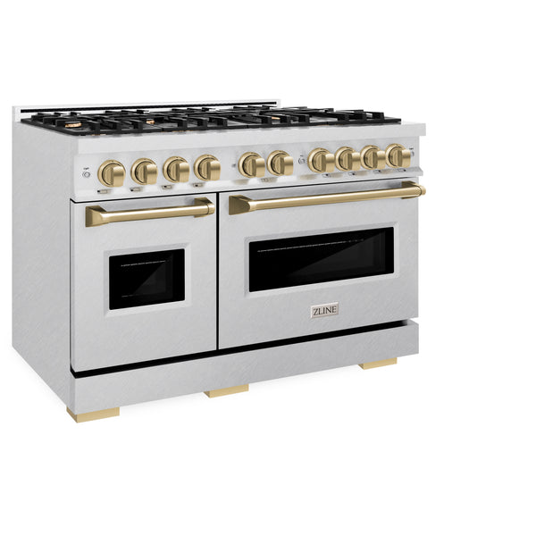 ZLINE Autograph Edition 48 in. 6.7 cu. ft. Classic Double Oven Dual Fuel Range with 8 Burner Gas Cooktop in DuraSnow® Stainless Steel and Champagne Bronze Accents (CDRSZ-48-CB)