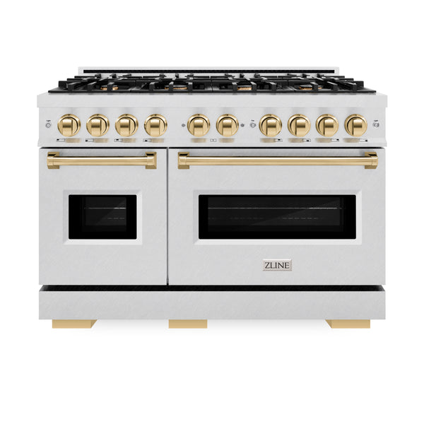 ZLINE Autograph Edition 48 in. 6.7 cu. ft. Classic Double Oven Dual Fuel Range with 8 Burner Gas Cooktop in DuraSnow® Stainless Steel and Polished Gold Accents (CDRSZ-48-G)