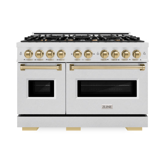 ZLINE Autograph Edition 48 in. 6.7 cu. ft. Classic Double Oven Gas Range with 8 Burner Cooktop in Satin Stainless Steel and Champagne Bronze Accents (CGRSZ-48-CB)