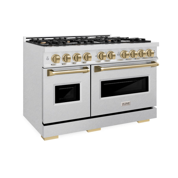 ZLINE Autograph Edition 48 in. 6.7 cu. ft. Classic Double Oven Gas Range with 8 Burner Cooktop in DuraSnow® Stainless Steel and Champagne Bronze Accents (CGRSZ-48-CB)