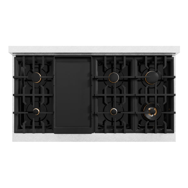 ZLINE Autograph Edition 48 in. 6.7 cu. ft. Classic Double Oven Gas Range with 8 Burner Cooktop in DuraSnow® Stainless Steel and Champagne Bronze Accents (CGRSZ-48-CB)