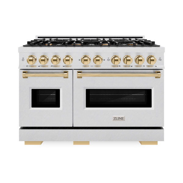 ZLINE Autograph Edition 48 in. 6.7 cu. ft. Classic Double Oven Gas Range with 8 Burner Cooktop in DuraSnow® Stainless Steel and Polished Gold Accents (CGRSZ-48-G)