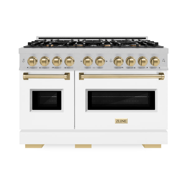 ZLINE Autograph Edition 48 in. 6.7 cu. ft. Classic Double Oven Gas Range with 8 Burner Cooktop in DuraSnow® Stainless Steel with White Matte Doors and Champagne Bronze Accents (CGRSZ-WM-48-CB)