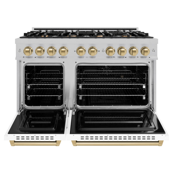 ZLINE Autograph Edition 48 in. 6.7 cu. ft. Classic Double Oven Gas Range with 8 Burner Cooktop in DuraSnow® Stainless Steel with White Matte Doors and Champagne Bronze Accents (CGRSZ-WM-48-CB)