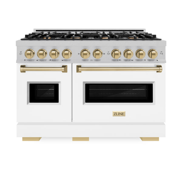 ZLINE Autograph Edition 48 in. 6.7 cu. ft. Classic Double Oven Gas Range with 8 Burner Cooktop in DuraSnow® Stainless Steel with White Matte Doors and Champagne Bronze Accents (CGRSZ-WM-48-CB)