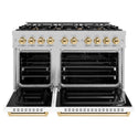 ZLINE Autograph Edition 48 in. 6.7 cu. ft. Classic Double Oven Gas Range with 8 Burner Cooktop in DuraSnow® Stainless Steel with White Matte Doors and Polished Gold Accents (CGRSZ-WM-48-G)