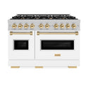 ZLINE Autograph Edition 48 in. 6.7 cu. ft. Classic Double Oven Gas Range with 8 Burner Cooktop in DuraSnow® Stainless Steel with White Matte Doors and Polished Gold Accents (CGRSZ-WM-48-G)