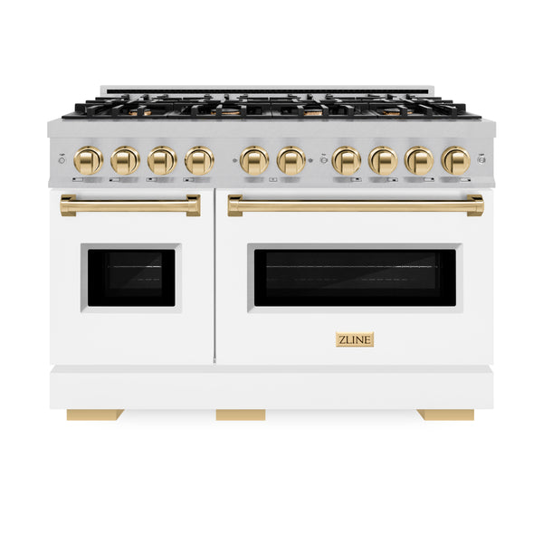 ZLINE Autograph Edition 48 in. 6.7 cu. ft. Classic Double Oven Gas Range with 8 Burner Cooktop in DuraSnow® Stainless Steel with White Matte Doors and Polished Gold Accents (CGRSZ-WM-48-G)