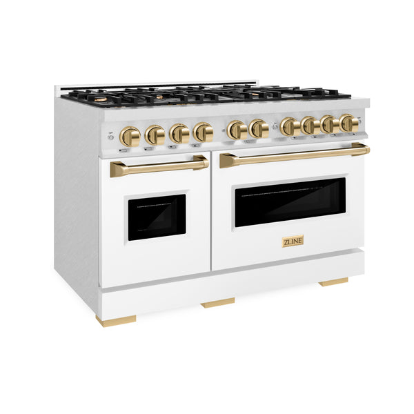 ZLINE Autograph Edition 48 in. 6.7 cu. ft. Classic Double Oven Gas Range with 8 Burner Cooktop in DuraSnow® Stainless Steel with White Matte Doors and Polished Gold Accents (CGRSZ-WM-48-G)