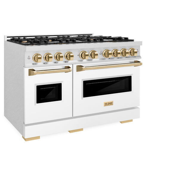 ZLINE Autograph Edition 48 in. 6.7 cu. ft. Classic Double Oven Gas Range with 8 Burner Cooktop in DuraSnow® Stainless Steel with White Matte Doors and Polished Gold Accents (CGRSZ-WM-48-G)