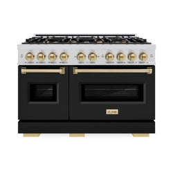ZLINE Autograph Edition 48 in. 6.7 cu. ft. Classic Double Oven Dual Fuel Range with 8 Burner Gas Cooktop in Stainless Steel with Black Matte Doors and Champagne Bronze Accents (CDRZ-BLM-48-CB)