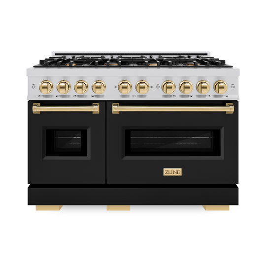 ZLINE Autograph Edition 48 in. 6.7 cu. ft. Classic Double Oven Dual Fuel Range with 8 Burner Gas Cooktop in Stainless Steel with Black Matte Doors and Polished Gold Accents (CDRZ-BLM-48-G)