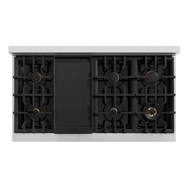 ZLINE Autograph Edition 48 in. 6.7 cu. ft. Classic Double Oven Gas Range with 8 Burner Cooktop in Stainless Steel with Black Matte Doors and Polished Gold Accents (CGRZ-BLM-48-G)