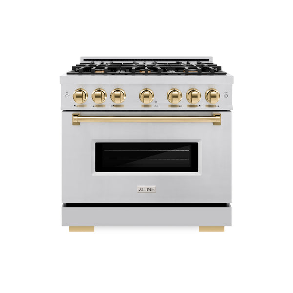 ZLINE Autograph Edition 36 in. 5.2 cu. ft. Classic Dual Fuel Range with 6 Burner Gas Cooktop and Electric Convection Oven in Stainless Steel with Polished Gold Accents (CDRZ-36-G)