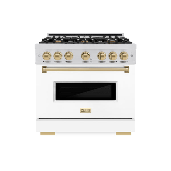 ZLINE Autograph Edition 36 in. 5.2 cu. ft. Classic Dual Fuel Range with 6 Burner Gas Cooktop and Electric Convection Oven in Stainless Steel with White Matte Door and Champagne Bronze Accents (CDRZ-WM-36-CB)