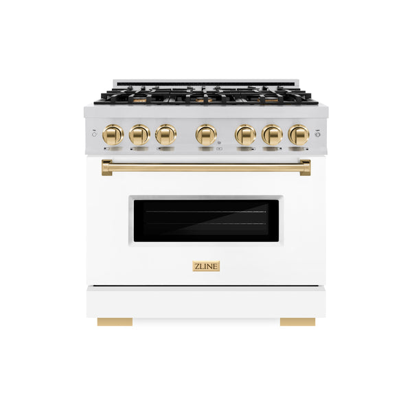 ZLINE Autograph Edition 36 in. 5.2 cu. ft. Classic Dual Fuel Range with 6 Burner Gas Cooktop and Electric Convection Oven in Stainless Steel with White Matte Door and Polished Gold Accents (CDRZ-WM-36-G)