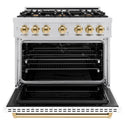 ZLINE Autograph Edition 36 in. 5.2 cu. ft. Classic Dual Fuel Range with 6 Burner Gas Cooktop and Electric Convection Oven in Stainless Steel with White Matte Door and Polished Gold Accents (CDRZ-WM-36-G)