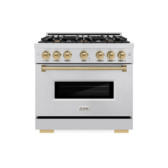 ZLINE Autograph Edition 36 in. 5.2 cu. ft. Classic Gas Range with 6 Burner Cooktop and Convection Gas Oven in Stainless Steel and Champagne Bronze Accents (CGRZ-36-CB)