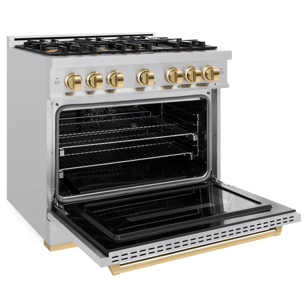 ZLINE Autograph Edition 36 in. 5.2 cu. ft. Classic Gas Range with 6 Burner Cooktop and Convection Gas Oven in Stainless Steel and Polished Gold Accents (CGRZ-36-G)