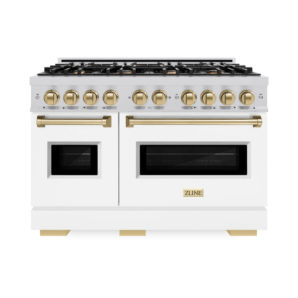 ZLINE Autograph Edition 48 in. 6.7 cu. ft. Classic Double Oven Dual Fuel Range with 8 Burner Gas Cooktop in Stainless Steel with White Matte Doors and Champagne Bronze Accents (CDRZ-WM-48-CB)