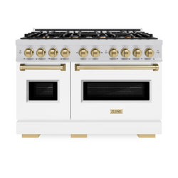 ZLINE Autograph Edition 48 in. 6.7 cu. ft. Classic Double Oven Dual Fuel Range with 8 Burner Gas Cooktop in Stainless Steel with White Matte Doors and Champagne Bronze Accents (CDRZ-WM-48-CB)