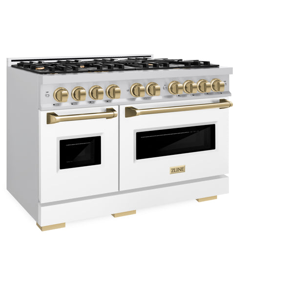 ZLINE Autograph Edition 48 in. 6.7 cu. ft. Classic Double Oven Dual Fuel Range with 8 Burner Gas Cooktop in Stainless Steel with White Matte Doors and Champagne Bronze Accents (CDRZ-WM-48-CB)