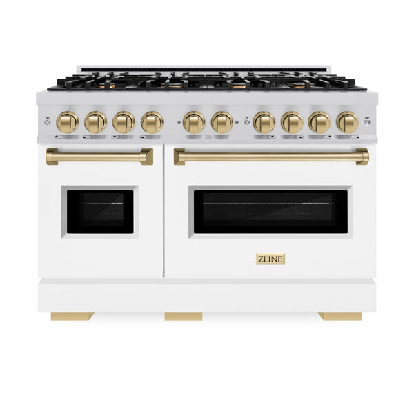 ZLINE Autograph Edition 48 in. 6.7 cu. ft. Classic Double Oven Gas Range with 8 Burner Cooktop in Stainless Steel with White Matte Doors and Champagne Bronze Accents (CGRZ-WM-48-CB)