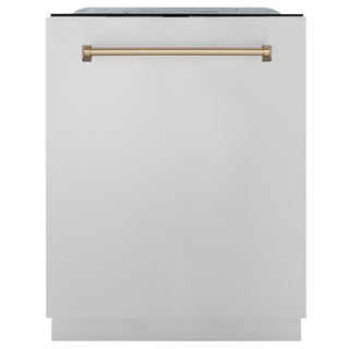 ZLINE Autograph Edition 24 in. Monument Series 3rd Rack Top Touch Control Tall Tub Dishwasher in Stainless Steel with Champagne Bronze Handle, 45dBa (DWMTZ-304-24-CB)