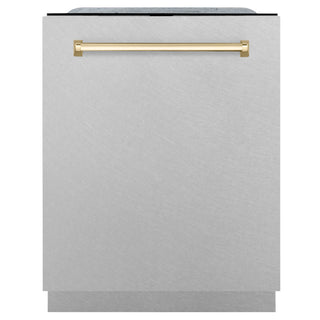 Buy gold ZLINE Autograph Edition 24&quot; 3rd Rack Top Touch Control Tall Tub Dishwasher in DuraSnow Stainless Steel with Accent Handle, 45dBa (DWMTZ-SN-24)