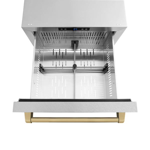 ZLINE Autograph Edition 24 in. Touchstone 168 Can Outdoor-Rated Dual Refrigerator Drawer with DuraSnow® Stainless Steel Doors and Champagne Bronze Handles (RDSOZ-SN-24-CB)