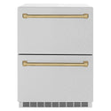 ZLINE Autograph Edition 24 in. Touchstone 168 Can Outdoor-Rated Dual Refrigerator Drawer with DuraSnow® Stainless Steel Doors and Champagne Bronze Handles (RDSOZ-SN-24-CB)