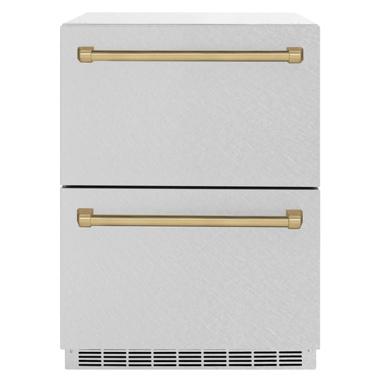 ZLINE Autograph Edition 24 in. Touchstone 168 Can Outdoor-Rated Dual Refrigerator Drawer with Satin Stainless Steel Doors and Champagne Bronze Handles (RDSOZ-SN-24-CB)