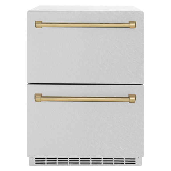 ZLINE Autograph Edition 24 in. Touchstone 168 Can Outdoor-Rated Dual Refrigerator Drawer with DuraSnow® Stainless Steel Doors and Champagne Bronze Handles (RDSOZ-SN-24-CB)