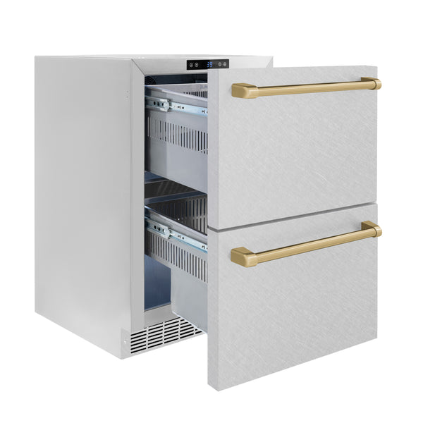 ZLINE Autograph Edition 24 in. Touchstone 168 Can Outdoor-Rated Dual Refrigerator Drawer with DuraSnow® Stainless Steel Doors and Champagne Bronze Handles (RDSOZ-SN-24-CB)