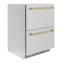 ZLINE Autograph Edition 24 in. Touchstone 168 Can Outdoor-Rated Dual Refrigerator Drawer with DuraSnow® Stainless Steel Doors and Champagne Bronze Handles (RDSOZ-SN-24-CB)