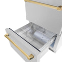 ZLINE Autograph Edition 24 in. Touchstone 168 Can Outdoor-Rated Dual Refrigerator Drawer with DuraSnow® Stainless Steel Doors and Polished Gold Handles (RDSOZ-SN-24-G)