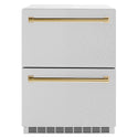 ZLINE Autograph Edition 24 in. Touchstone 168 Can Outdoor-Rated Dual Refrigerator Drawer with DuraSnow® Stainless Steel Doors and Polished Gold Handles (RDSOZ-SN-24-G)