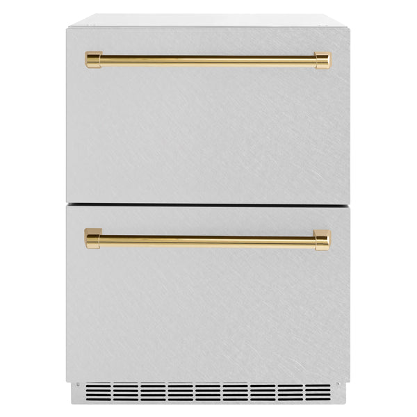 ZLINE Autograph Edition 24 in. Touchstone 168 Can Outdoor-Rated Dual Refrigerator Drawer with DuraSnow® Stainless Steel Doors and Polished Gold Handles (RDSOZ-SN-24-G)