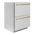 ZLINE Autograph Edition 24 in. Touchstone 168 Can Outdoor-Rated Dual Refrigerator Drawer with DuraSnow® Stainless Steel Doors and Polished Gold Handles (RDSOZ-SN-24-G)