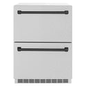 ZLINE Autograph Edition 24 in. Touchstone 168 Can Outdoor-Rated Dual Refrigerator Drawer with DuraSnow® Stainless Steel Doors and Matte Black Handles (RDSOZ-SN-24-MB)