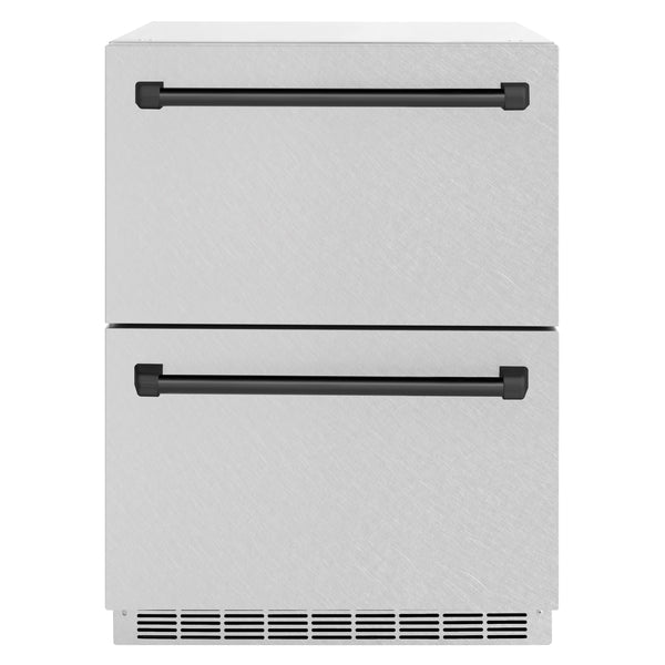 ZLINE Autograph Edition 24 in. Touchstone 168 Can Outdoor-Rated Dual Refrigerator Drawer with DuraSnow® Stainless Steel Doors and Matte Black Handles (RDSOZ-SN-24-MB)