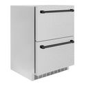 ZLINE Autograph Edition 24 in. Touchstone 168 Can Outdoor-Rated Dual Refrigerator Drawer with DuraSnow® Stainless Steel Doors and Matte Black Handles (RDSOZ-SN-24-MB)