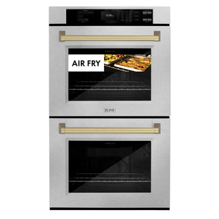 ZLINE 30 in. Autograph Edition Professional True Convection Double Wall Oven with Air Fry and Self Clean in DuraSnow® Stainless Steel with Champagne Bronze Handles (WADSZ-30-CB)