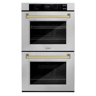 ZLINE 30 in. Autograph Edition Professional True Convection Double Wall Oven with Air Fry and Self Clean in DuraSnow® Stainless Steel with Champagne Bronze Handles (WADSZ-30-CB)